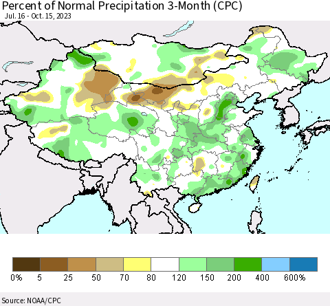 China, Mongolia and Taiwan Percent of Normal Precipitation 3-Month (CPC) Thematic Map For 7/16/2023 - 10/15/2023