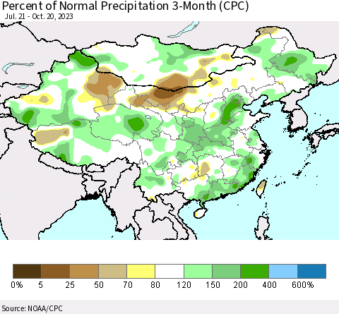 China, Mongolia and Taiwan Percent of Normal Precipitation 3-Month (CPC) Thematic Map For 7/21/2023 - 10/20/2023