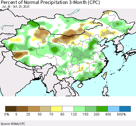 China, Mongolia and Taiwan Percent of Normal Precipitation 3-Month (CPC) Thematic Map For 7/26/2023 - 10/25/2023
