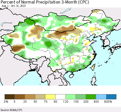China, Mongolia and Taiwan Percent of Normal Precipitation 3-Month (CPC) Thematic Map For 8/1/2023 - 10/31/2023