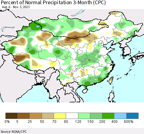 China, Mongolia and Taiwan Percent of Normal Precipitation 3-Month (CPC) Thematic Map For 8/6/2023 - 11/5/2023