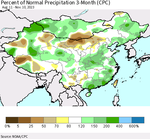 China, Mongolia and Taiwan Percent of Normal Precipitation 3-Month (CPC) Thematic Map For 8/11/2023 - 11/10/2023