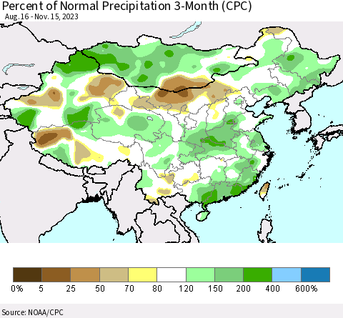 China, Mongolia and Taiwan Percent of Normal Precipitation 3-Month (CPC) Thematic Map For 8/16/2023 - 11/15/2023