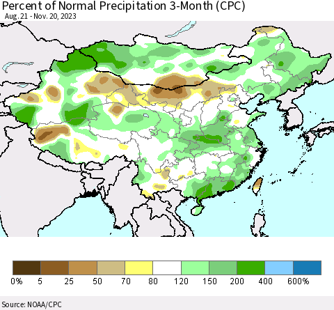 China, Mongolia and Taiwan Percent of Normal Precipitation 3-Month (CPC) Thematic Map For 8/21/2023 - 11/20/2023