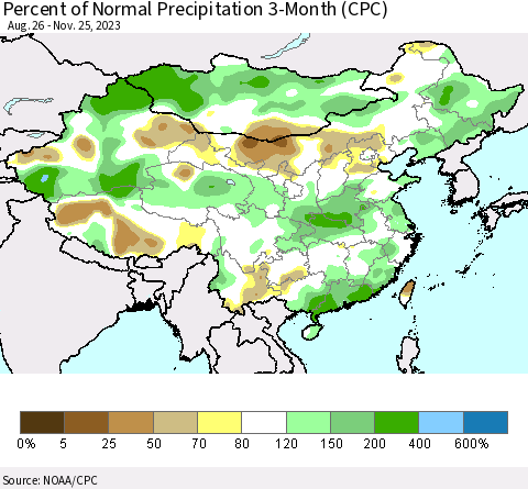 China, Mongolia and Taiwan Percent of Normal Precipitation 3-Month (CPC) Thematic Map For 8/26/2023 - 11/25/2023