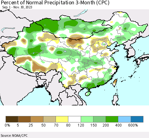 China, Mongolia and Taiwan Percent of Normal Precipitation 3-Month (CPC) Thematic Map For 9/1/2023 - 11/30/2023