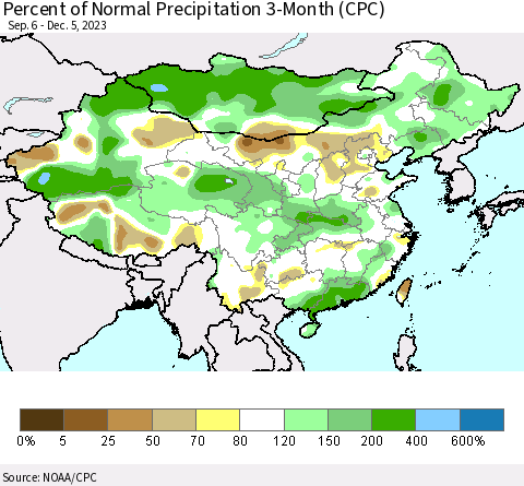 China, Mongolia and Taiwan Percent of Normal Precipitation 3-Month (CPC) Thematic Map For 9/6/2023 - 12/5/2023