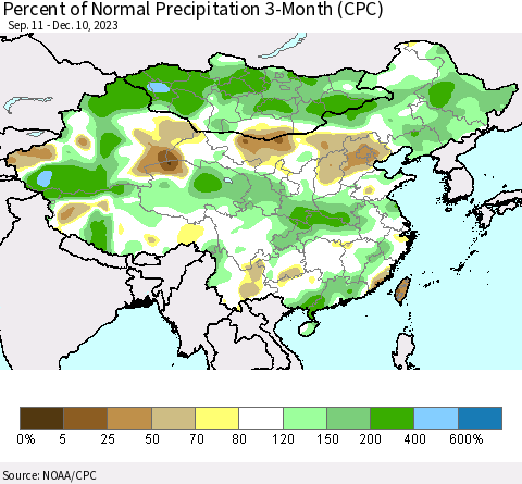 China, Mongolia and Taiwan Percent of Normal Precipitation 3-Month (CPC) Thematic Map For 9/11/2023 - 12/10/2023