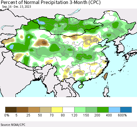 China, Mongolia and Taiwan Percent of Normal Precipitation 3-Month (CPC) Thematic Map For 9/16/2023 - 12/15/2023