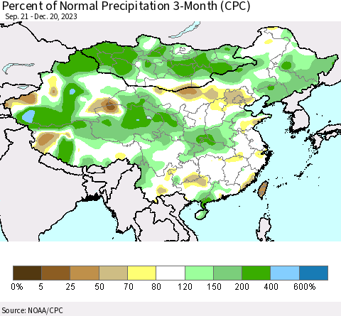 China, Mongolia and Taiwan Percent of Normal Precipitation 3-Month (CPC) Thematic Map For 9/21/2023 - 12/20/2023