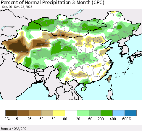 China, Mongolia and Taiwan Percent of Normal Precipitation 3-Month (CPC) Thematic Map For 9/26/2023 - 12/25/2023
