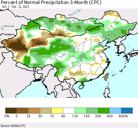 China, Mongolia and Taiwan Percent of Normal Precipitation 3-Month (CPC) Thematic Map For 10/1/2023 - 12/31/2023