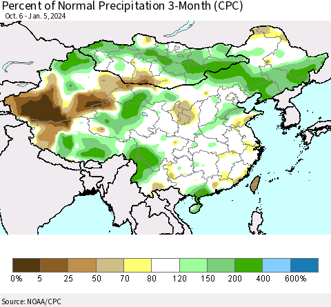 China, Mongolia and Taiwan Percent of Normal Precipitation 3-Month (CPC) Thematic Map For 10/6/2023 - 1/5/2024