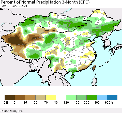 China, Mongolia and Taiwan Percent of Normal Precipitation 3-Month (CPC) Thematic Map For 10/11/2023 - 1/10/2024