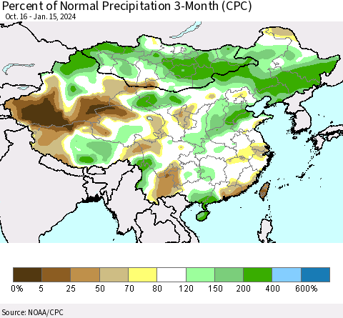 China, Mongolia and Taiwan Percent of Normal Precipitation 3-Month (CPC) Thematic Map For 10/16/2023 - 1/15/2024