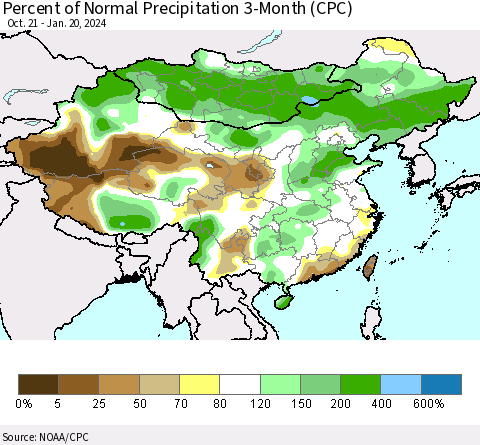 China, Mongolia and Taiwan Percent of Normal Precipitation 3-Month (CPC) Thematic Map For 10/21/2023 - 1/20/2024
