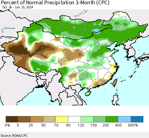 China, Mongolia and Taiwan Percent of Normal Precipitation 3-Month (CPC) Thematic Map For 10/26/2023 - 1/25/2024
