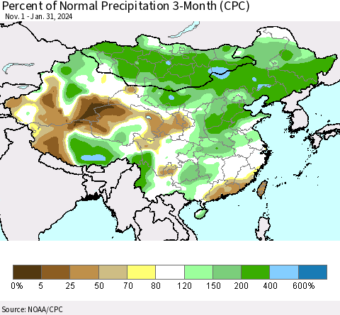 China, Mongolia and Taiwan Percent of Normal Precipitation 3-Month (CPC) Thematic Map For 11/1/2023 - 1/31/2024