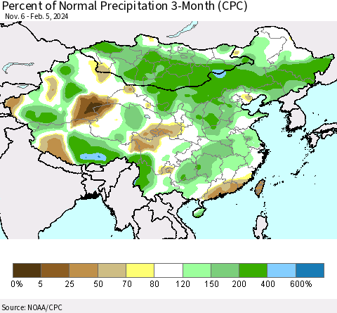 China, Mongolia and Taiwan Percent of Normal Precipitation 3-Month (CPC) Thematic Map For 11/6/2023 - 2/5/2024
