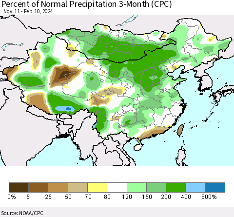 China, Mongolia and Taiwan Percent of Normal Precipitation 3-Month (CPC) Thematic Map For 11/11/2023 - 2/10/2024