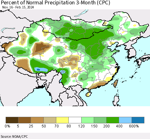 China, Mongolia and Taiwan Percent of Normal Precipitation 3-Month (CPC) Thematic Map For 11/16/2023 - 2/15/2024