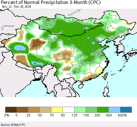 China, Mongolia and Taiwan Percent of Normal Precipitation 3-Month (CPC) Thematic Map For 11/21/2023 - 2/20/2024