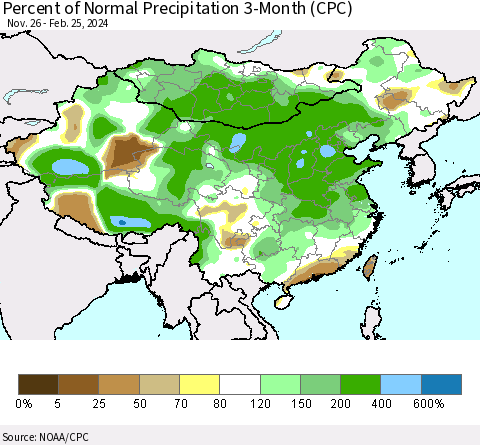 China, Mongolia and Taiwan Percent of Normal Precipitation 3-Month (CPC) Thematic Map For 11/26/2023 - 2/25/2024