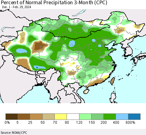 China, Mongolia and Taiwan Percent of Normal Precipitation 3-Month (CPC) Thematic Map For 12/1/2023 - 2/29/2024