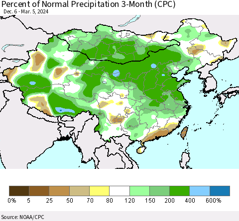 China, Mongolia and Taiwan Percent of Normal Precipitation 3-Month (CPC) Thematic Map For 12/6/2023 - 3/5/2024