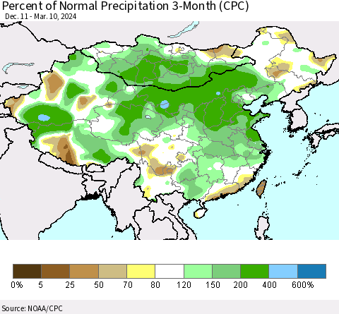China, Mongolia and Taiwan Percent of Normal Precipitation 3-Month (CPC) Thematic Map For 12/11/2023 - 3/10/2024