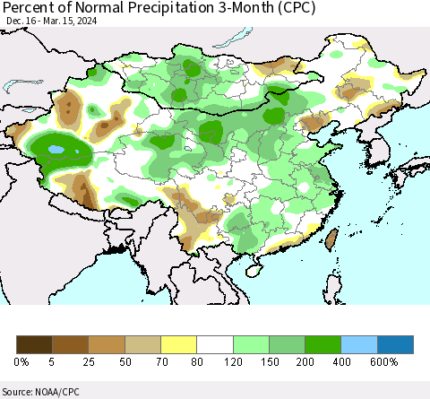 China, Mongolia and Taiwan Percent of Normal Precipitation 3-Month (CPC) Thematic Map For 12/16/2023 - 3/15/2024