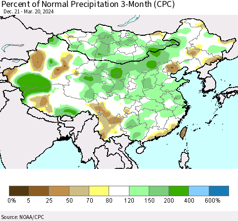 China, Mongolia and Taiwan Percent of Normal Precipitation 3-Month (CPC) Thematic Map For 12/21/2023 - 3/20/2024