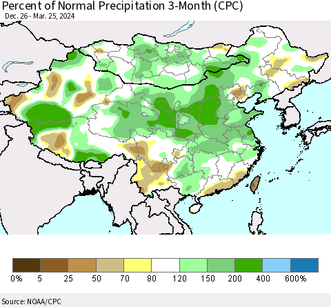 China, Mongolia and Taiwan Percent of Normal Precipitation 3-Month (CPC) Thematic Map For 12/26/2023 - 3/25/2024