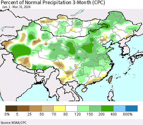 China, Mongolia and Taiwan Percent of Normal Precipitation 3-Month (CPC) Thematic Map For 1/1/2024 - 3/31/2024
