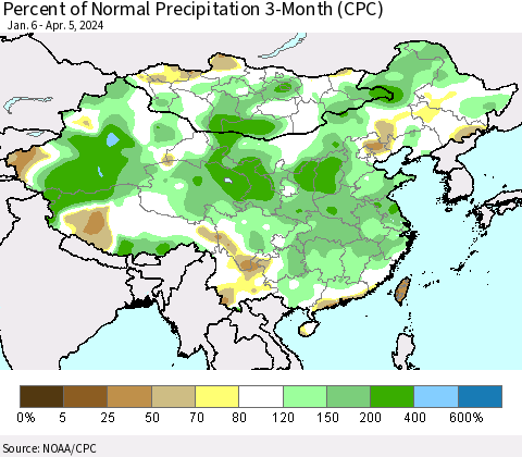 China, Mongolia and Taiwan Percent of Normal Precipitation 3-Month (CPC) Thematic Map For 1/6/2024 - 4/5/2024