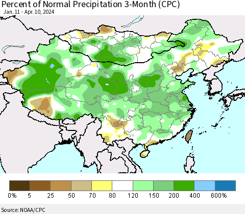China, Mongolia and Taiwan Percent of Normal Precipitation 3-Month (CPC) Thematic Map For 1/11/2024 - 4/10/2024