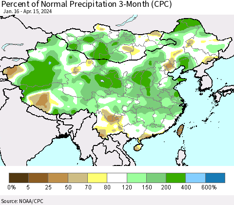 China, Mongolia and Taiwan Percent of Normal Precipitation 3-Month (CPC) Thematic Map For 1/16/2024 - 4/15/2024