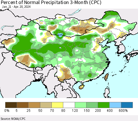 China, Mongolia and Taiwan Percent of Normal Precipitation 3-Month (CPC) Thematic Map For 1/21/2024 - 4/20/2024