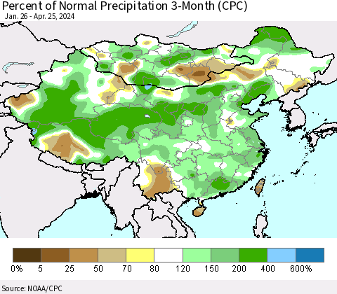 China, Mongolia and Taiwan Percent of Normal Precipitation 3-Month (CPC) Thematic Map For 1/26/2024 - 4/25/2024