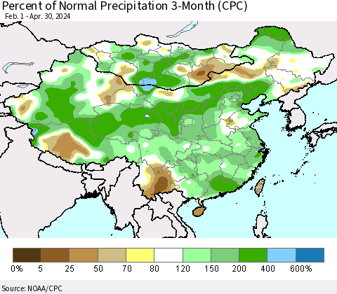 China, Mongolia and Taiwan Percent of Normal Precipitation 3-Month (CPC) Thematic Map For 2/1/2024 - 4/30/2024