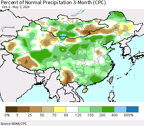 China, Mongolia and Taiwan Percent of Normal Precipitation 3-Month (CPC) Thematic Map For 2/6/2024 - 5/5/2024