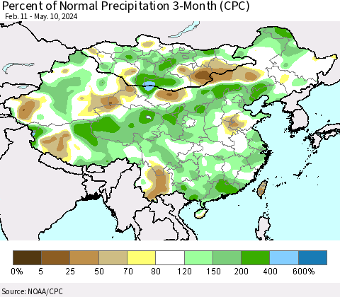 China, Mongolia and Taiwan Percent of Normal Precipitation 3-Month (CPC) Thematic Map For 2/11/2024 - 5/10/2024