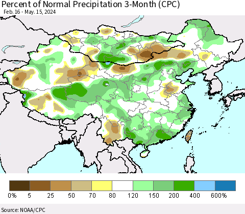 China, Mongolia and Taiwan Percent of Normal Precipitation 3-Month (CPC) Thematic Map For 2/16/2024 - 5/15/2024