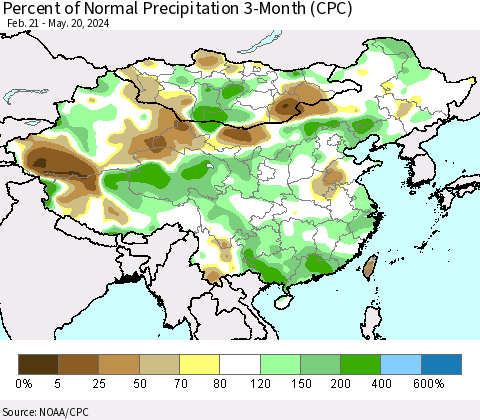 China, Mongolia and Taiwan Percent of Normal Precipitation 3-Month (CPC) Thematic Map For 2/21/2024 - 5/20/2024