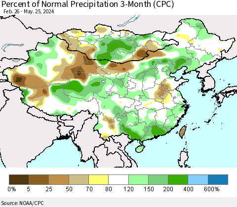 China, Mongolia and Taiwan Percent of Normal Precipitation 3-Month (CPC) Thematic Map For 2/26/2024 - 5/25/2024