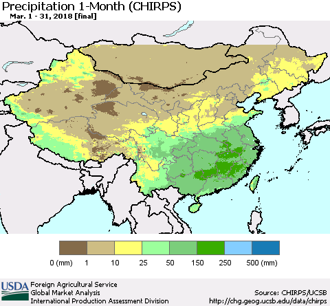 China, Mongolia and Taiwan Precipitation 1-Month (CHIRPS) Thematic Map For 3/1/2018 - 3/31/2018