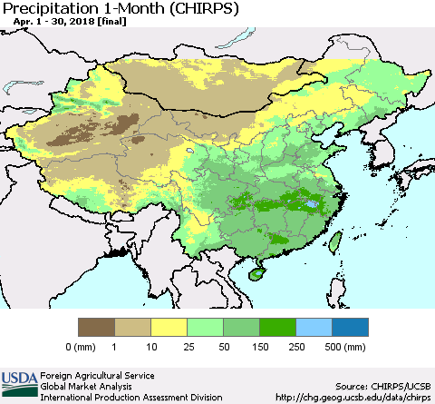 China, Mongolia and Taiwan Precipitation 1-Month (CHIRPS) Thematic Map For 4/1/2018 - 4/30/2018