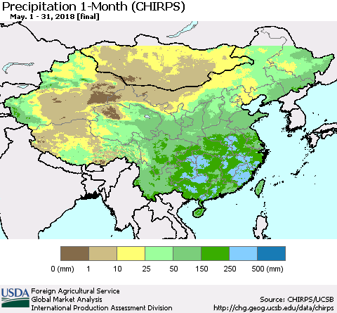 China, Mongolia and Taiwan Precipitation 1-Month (CHIRPS) Thematic Map For 5/1/2018 - 5/31/2018