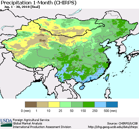 China, Mongolia and Taiwan Precipitation 1-Month (CHIRPS) Thematic Map For 6/1/2018 - 6/30/2018