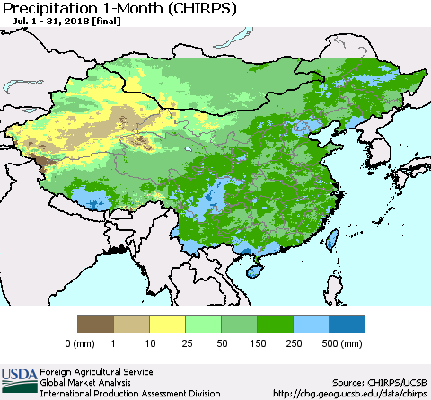 China, Mongolia and Taiwan Precipitation 1-Month (CHIRPS) Thematic Map For 7/1/2018 - 7/31/2018